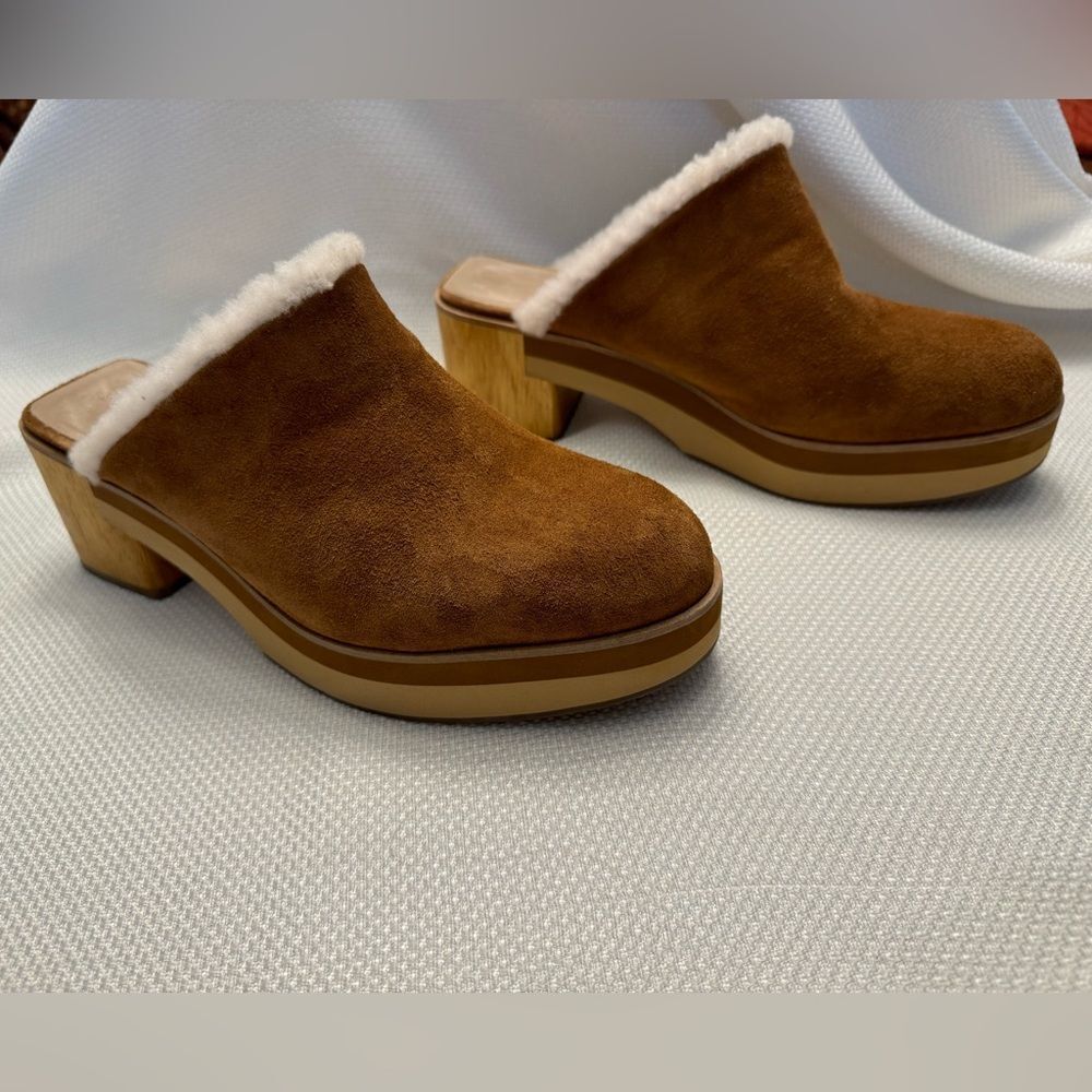 Bernardo Shearling Suede Clog Mules - Wooden Heel, Size 11M Boho leather